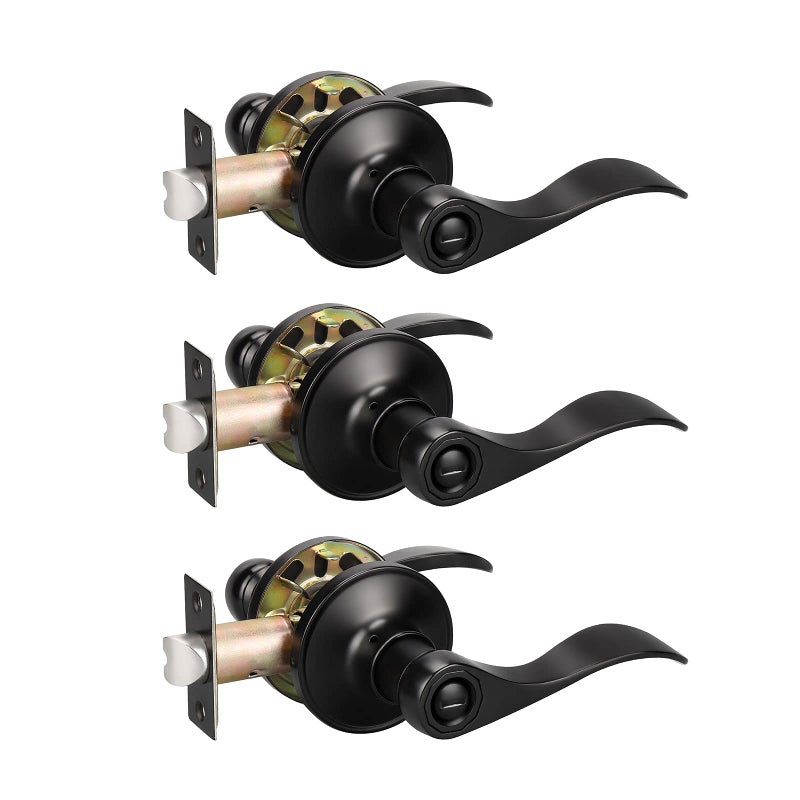 KNOBWELL 3 Pack Matte Black Privacy Door Levers Interior Door Handles for Bedroom/Bathroom, Black Door Knobs with Lock Reversible for Right/Left - Image 1